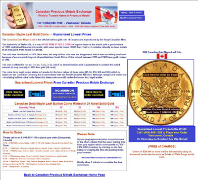 Canadian Precious Metals Exchange's Canadian One Ounce Gold Maple Leaf Page